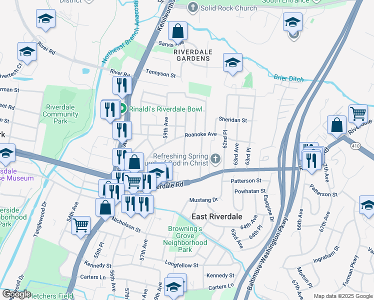 map of restaurants, bars, coffee shops, grocery stores, and more near 6213 60th Place in East Riverdale