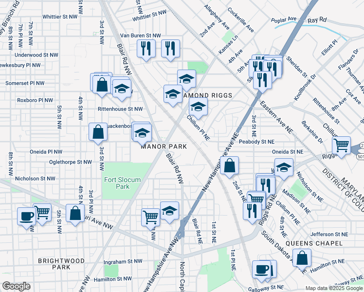 map of restaurants, bars, coffee shops, grocery stores, and more near 6025 Kansas Ave NW in Washington