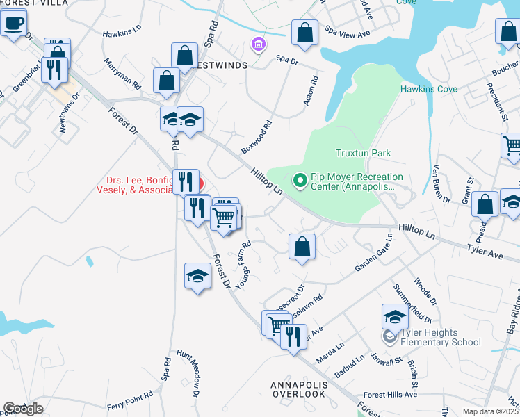 map of restaurants, bars, coffee shops, grocery stores, and more near 1204 Gemini Drive in Annapolis