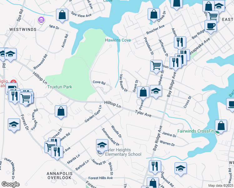 map of restaurants, bars, coffee shops, grocery stores, and more near 13 Elliott Road in Annapolis
