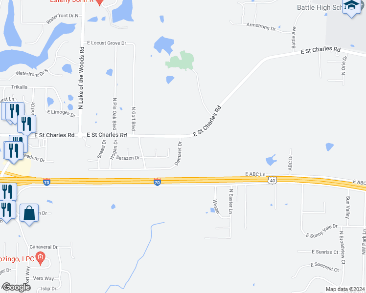 map of restaurants, bars, coffee shops, grocery stores, and more near 704 Demaret Drive in Columbia