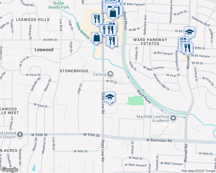 map of restaurants, bars, coffee shops, grocery stores, and more near 9201 State Line Road in Kansas City