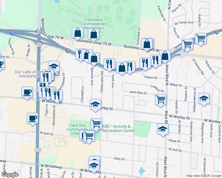 map of restaurants, bars, coffee shops, grocery stores, and more near 705 Hunt Avenue in Columbia