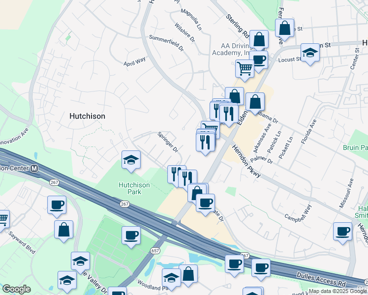 map of restaurants, bars, coffee shops, grocery stores, and more near 2111 Enright Place in Herndon