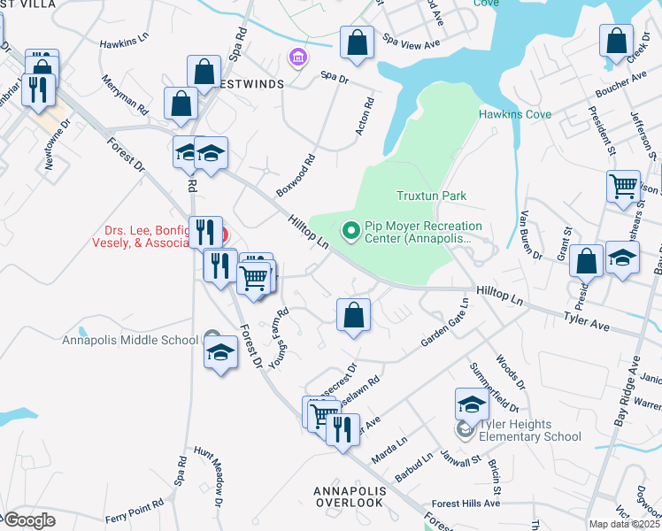map of restaurants, bars, coffee shops, grocery stores, and more near 300 Hilltop Lane in Annapolis