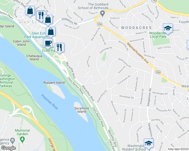 map of restaurants, bars, coffee shops, grocery stores, and more near 5400 Mohican Road in Bethesda