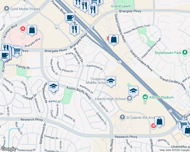 map of restaurants, bars, coffee shops, grocery stores, and more near 4515 Bays Water Drive in Colorado Springs