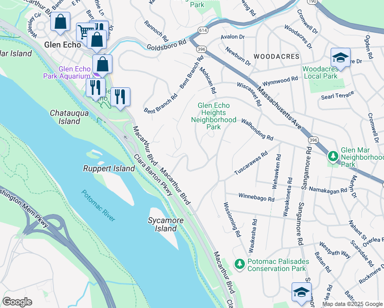 map of restaurants, bars, coffee shops, grocery stores, and more near 5400 Mohican Road in Bethesda