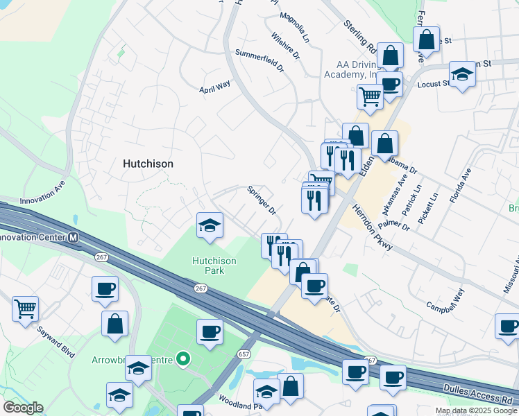map of restaurants, bars, coffee shops, grocery stores, and more near 13227 Keach Place in Herndon