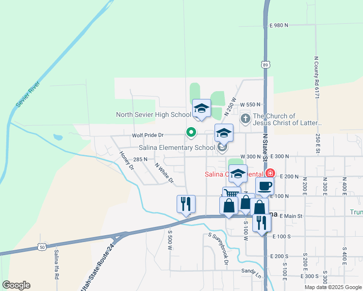 map of restaurants, bars, coffee shops, grocery stores, and more near 374 North 400 West in Salina