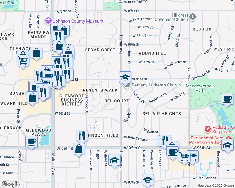 map of restaurants, bars, coffee shops, grocery stores, and more near 9115 Walmer Street in Overland Park