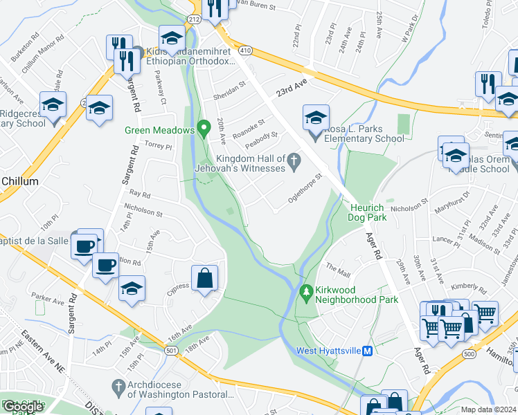 map of restaurants, bars, coffee shops, grocery stores, and more near 1909 Oliver Street in Hyattsville
