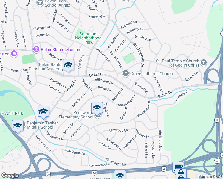 map of restaurants, bars, coffee shops, grocery stores, and more near 12610 Killian Lane in Bowie