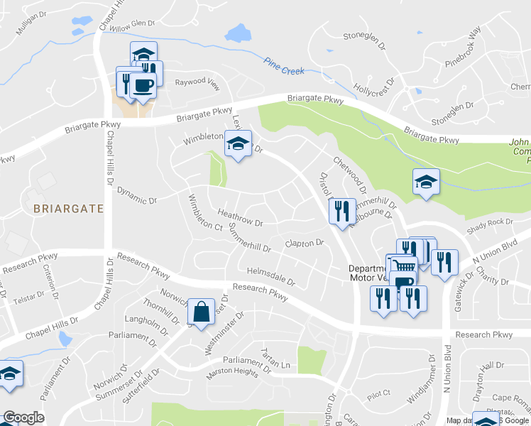 map of restaurants, bars, coffee shops, grocery stores, and more near 9030 Troon Way in Colorado Springs