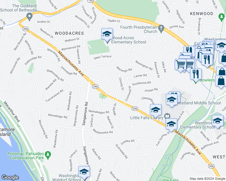 map of restaurants, bars, coffee shops, grocery stores, and more near 5806 Osceola Road in Bethesda