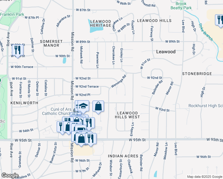 map of restaurants, bars, coffee shops, grocery stores, and more near 9215 Wenonga Road in Leawood