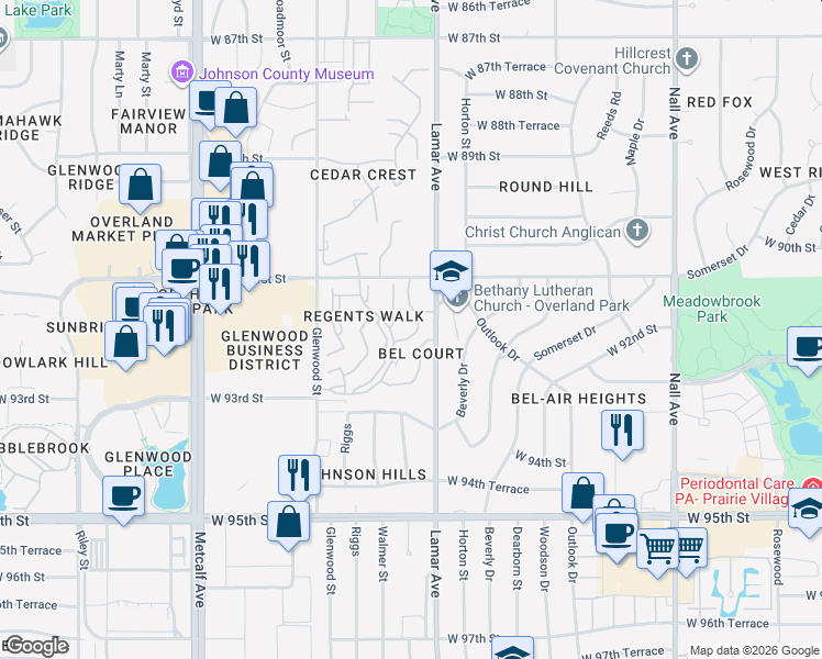 map of restaurants, bars, coffee shops, grocery stores, and more near 9115 Walmer Street in Overland Park