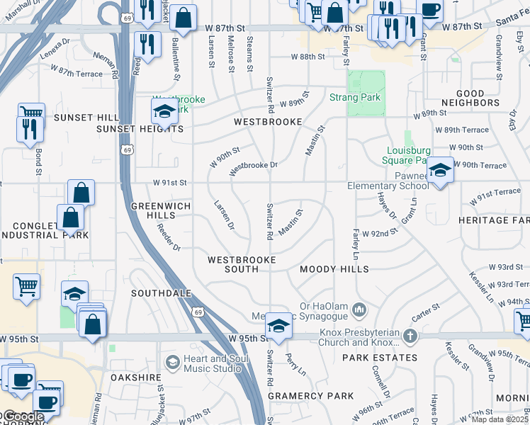 map of restaurants, bars, coffee shops, grocery stores, and more near 9140 Switzer Street in Overland Park