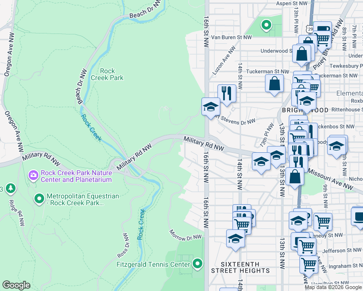 map of restaurants, bars, coffee shops, grocery stores, and more near 5916 17th Street Northwest in Washington