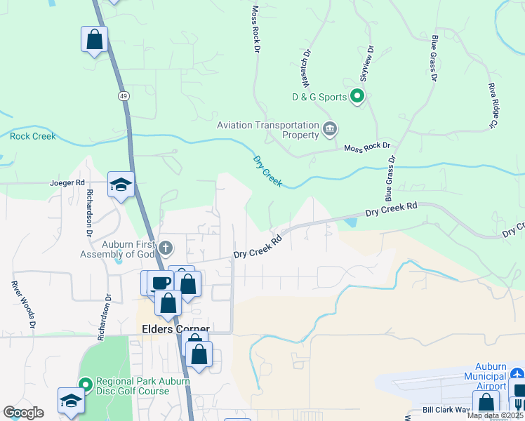 map of restaurants, bars, coffee shops, grocery stores, and more near 12355 Dry Creek Road in Auburn