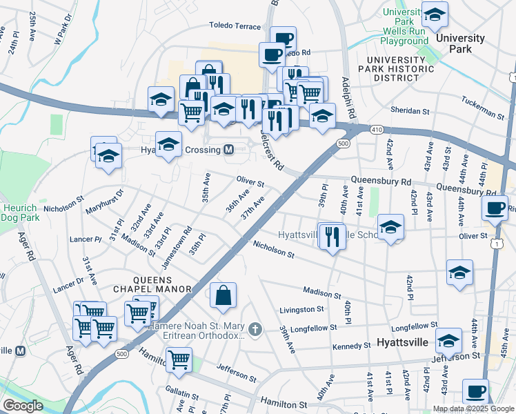 map of restaurants, bars, coffee shops, grocery stores, and more near 6007 37th Avenue in Hyattsville