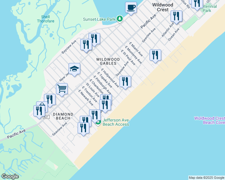 map of restaurants, bars, coffee shops, grocery stores, and more near 314 East Topeka Avenue in Wildwood Crest