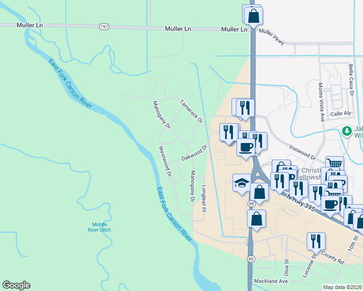 map of restaurants, bars, coffee shops, grocery stores, and more near 843 Mahogany Drive in Minden
