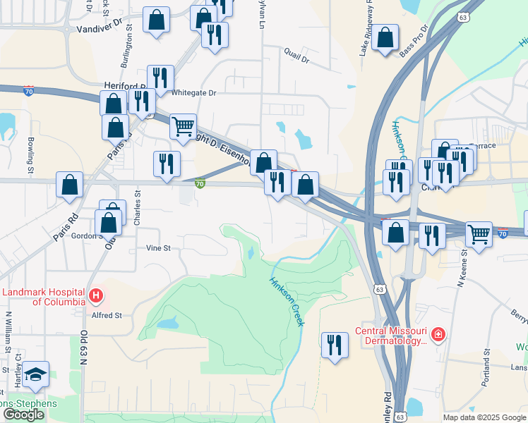map of restaurants, bars, coffee shops, grocery stores, and more near 1109 Eastland Circle in Columbia