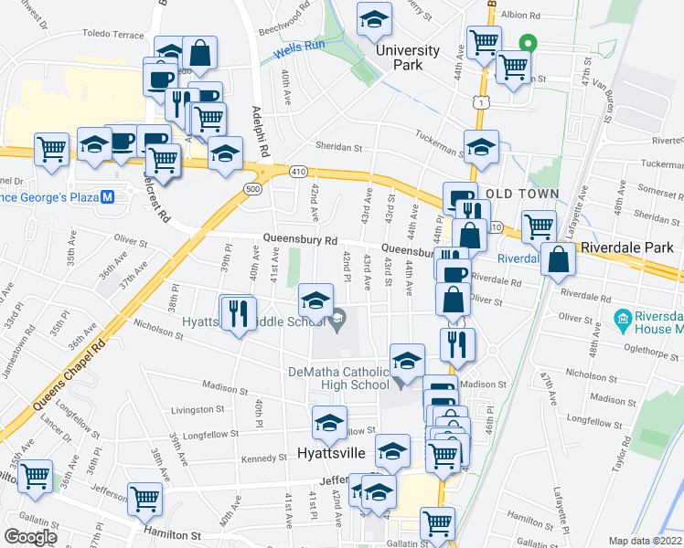 map of restaurants, bars, coffee shops, grocery stores, and more near 6110 42nd Place in Hyattsville