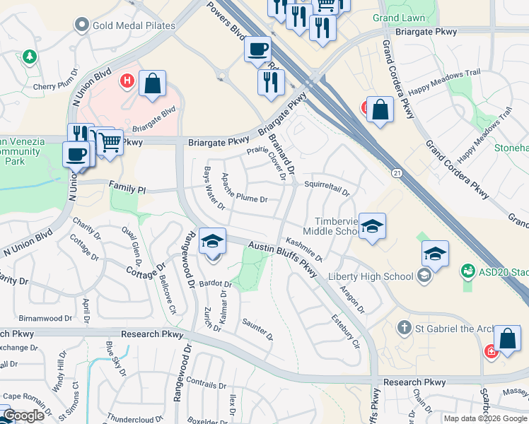 map of restaurants, bars, coffee shops, grocery stores, and more near 4378 Bays Water Drive in Colorado Springs