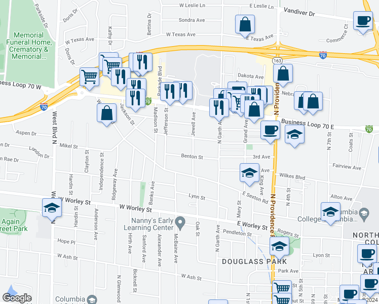 map of restaurants, bars, coffee shops, grocery stores, and more near 1003 Jewell Avenue in Columbia