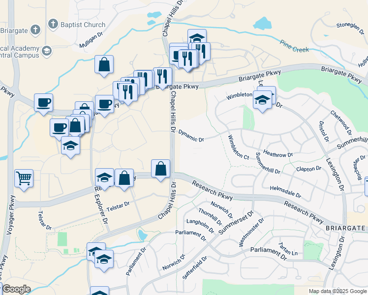 map of restaurants, bars, coffee shops, grocery stores, and more near 556 Chapel Hills Drive in Colorado Springs