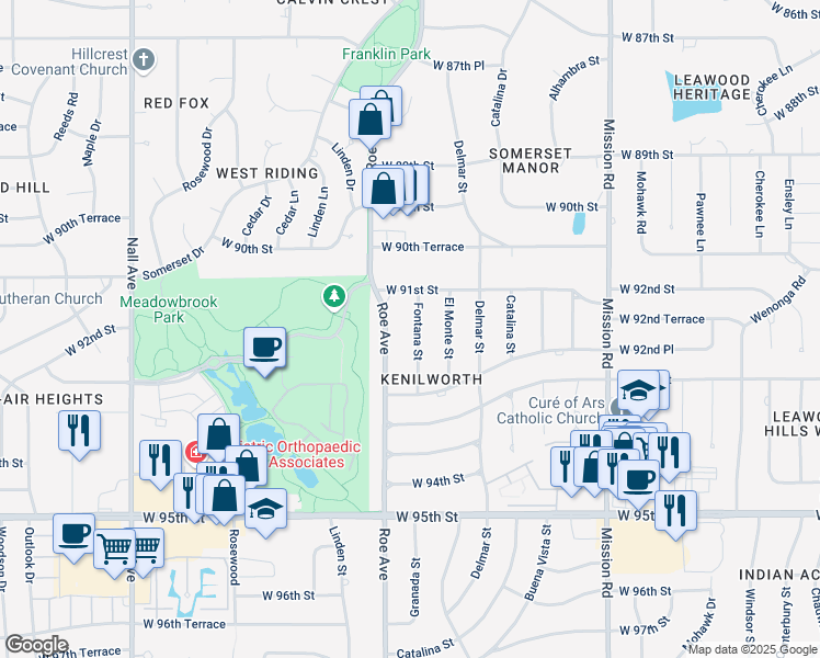 map of restaurants, bars, coffee shops, grocery stores, and more near 9112 Fontana Street in Prairie Village