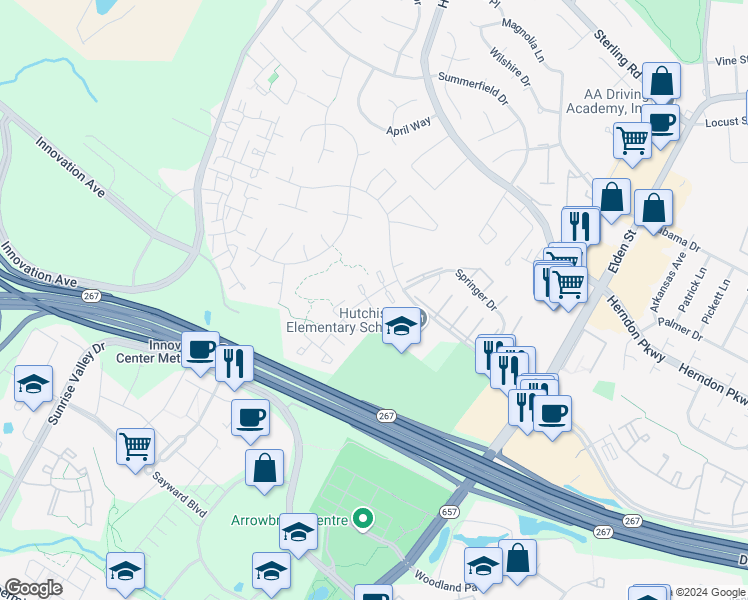 map of restaurants, bars, coffee shops, grocery stores, and more near 13370 Preuit Place in Herndon