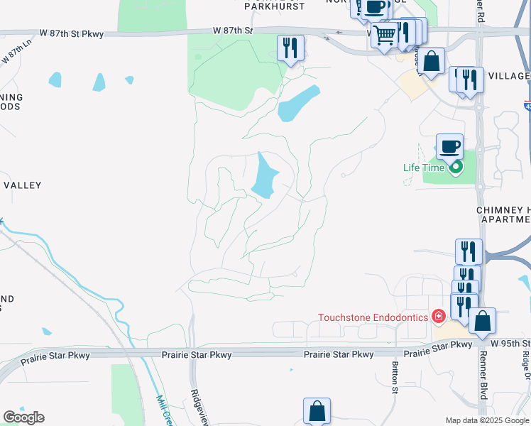 map of restaurants, bars, coffee shops, grocery stores, and more near 9242 Cottonwood Canyon Drive in Lenexa