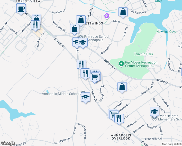 map of restaurants, bars, coffee shops, grocery stores, and more near 1404 Damsel Lane in Annapolis