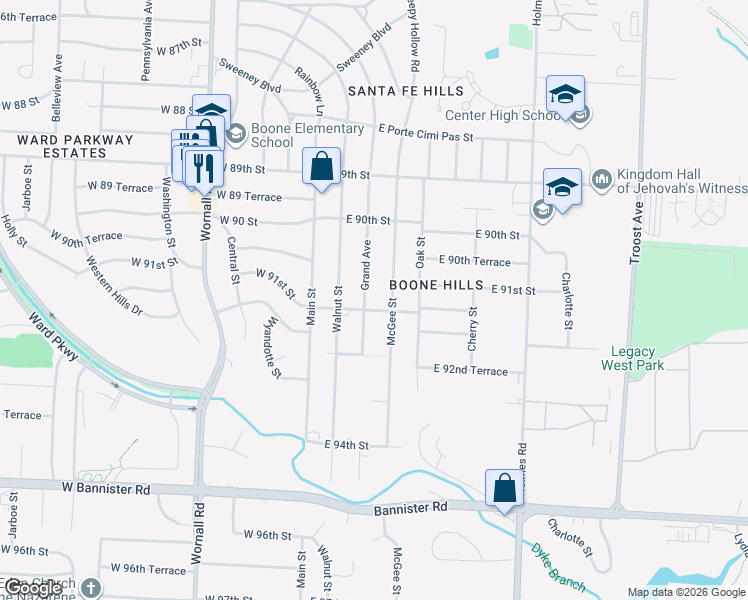 map of restaurants, bars, coffee shops, grocery stores, and more near 9121 Grand Avenue in Kansas City