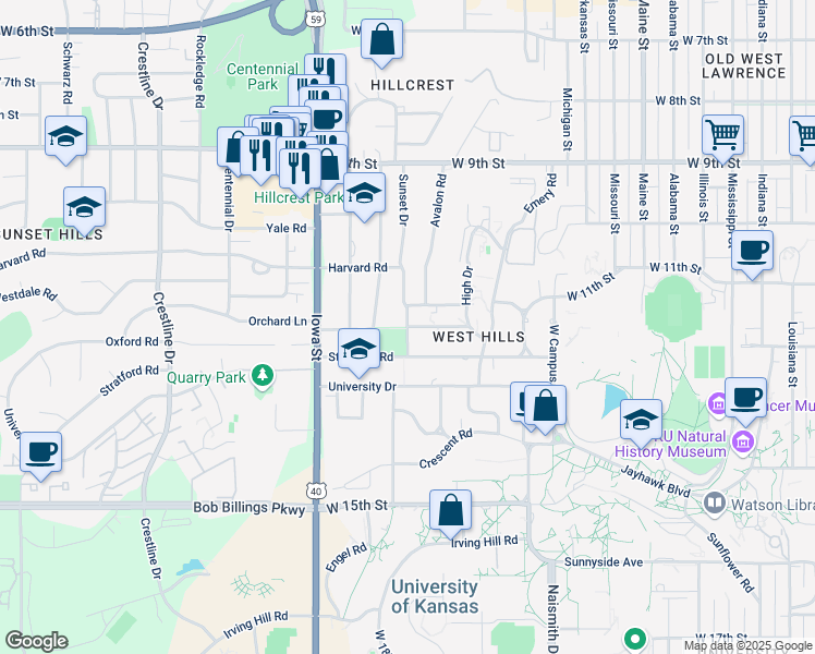 map of restaurants, bars, coffee shops, grocery stores, and more near 1748 Oxford Rd in Lawrence