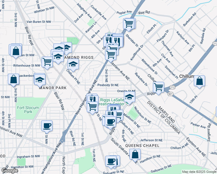map of restaurants, bars, coffee shops, grocery stores, and more near 305 Peabody Street Northeast in Washington