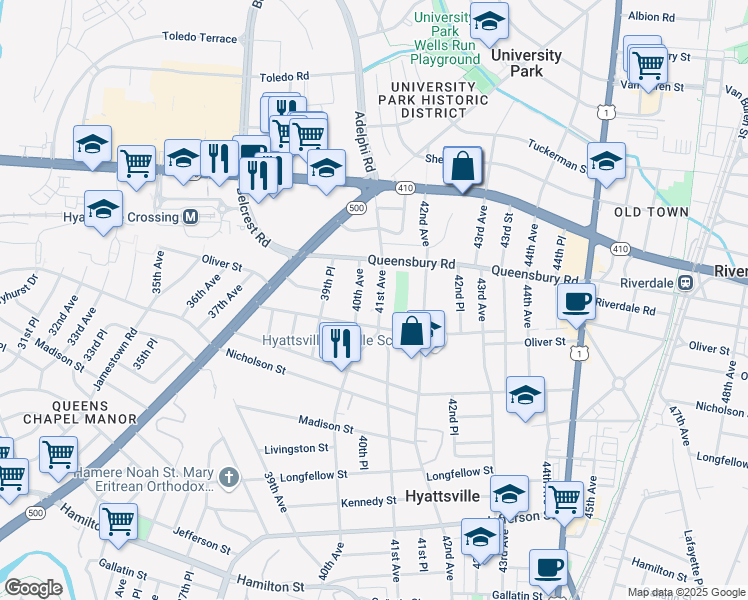 map of restaurants, bars, coffee shops, grocery stores, and more near 6110 41st Avenue in Hyattsville