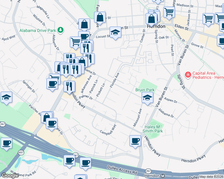 map of restaurants, bars, coffee shops, grocery stores, and more near 712 Archer Court in Herndon