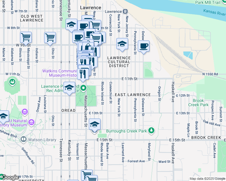 map of restaurants, bars, coffee shops, grocery stores, and more near 1132 Connecticut Street in Lawrence