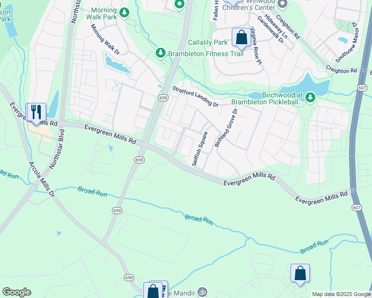 map of restaurants, bars, coffee shops, grocery stores, and more near 23672 Pennystone Terrace in Ashburn