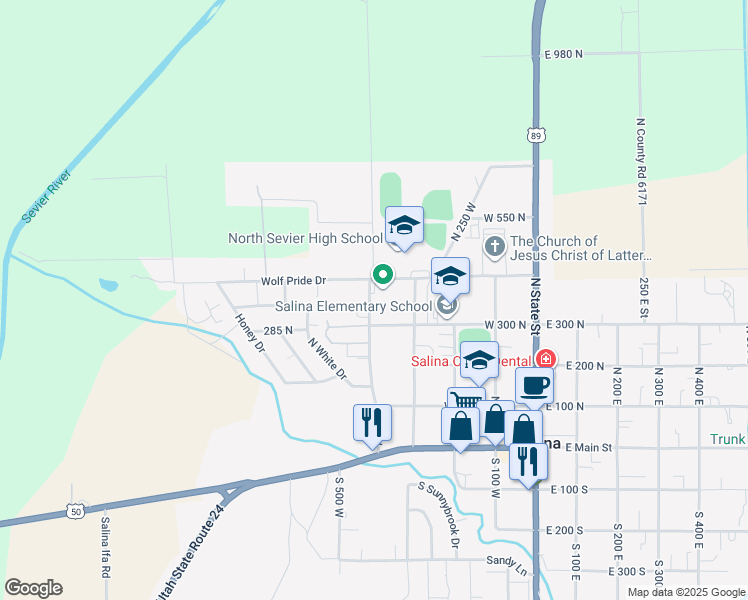 map of restaurants, bars, coffee shops, grocery stores, and more near 374 North 400 West in Salina