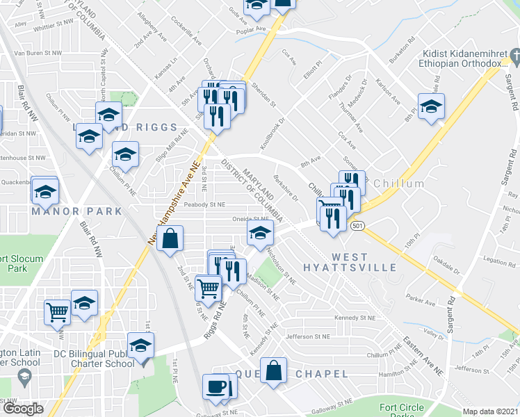 map of restaurants, bars, coffee shops, grocery stores, and more near 525 Peabody Street Northeast in Washington