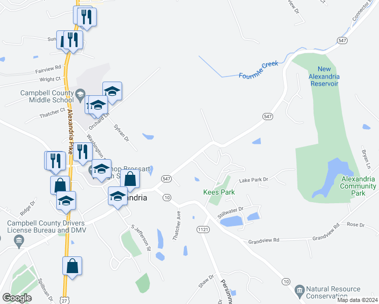 map of restaurants, bars, coffee shops, grocery stores, and more near 8298 Riley Road in Alexandria