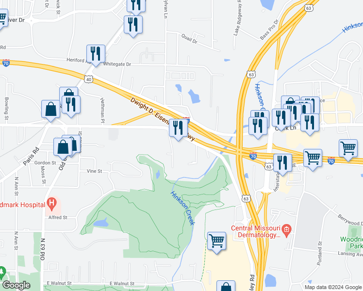 map of restaurants, bars, coffee shops, grocery stores, and more near 2518 Business Loop 70 E in Columbia
