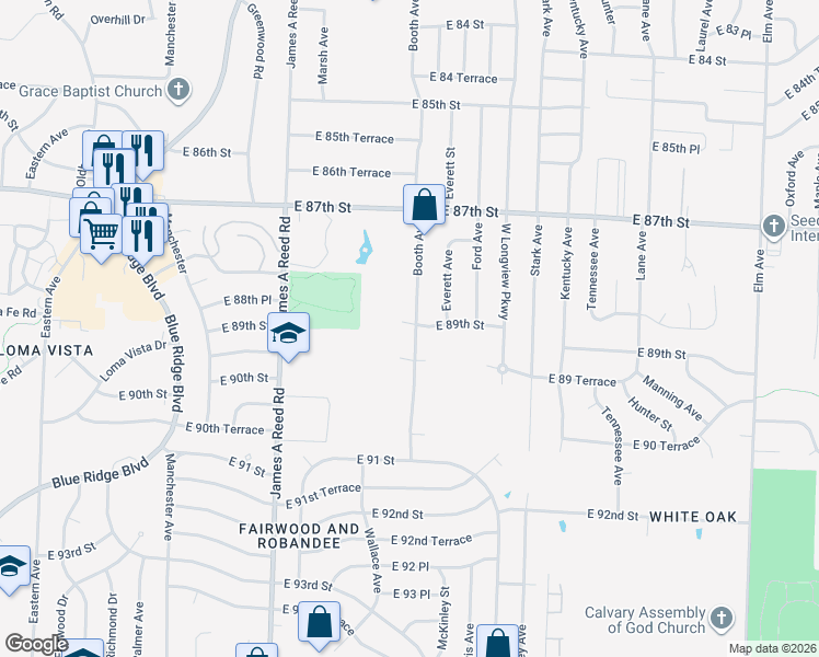 map of restaurants, bars, coffee shops, grocery stores, and more near 8601 East 89th Street in Kansas City