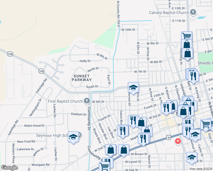 map of restaurants, bars, coffee shops, grocery stores, and more near 830 South Drive in Seymour