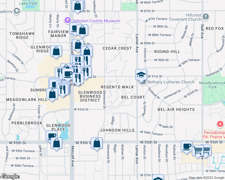map of restaurants, bars, coffee shops, grocery stores, and more near 9126 Riggs Lane in Overland Park